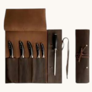 leather knife roll bag brown 6pc set
