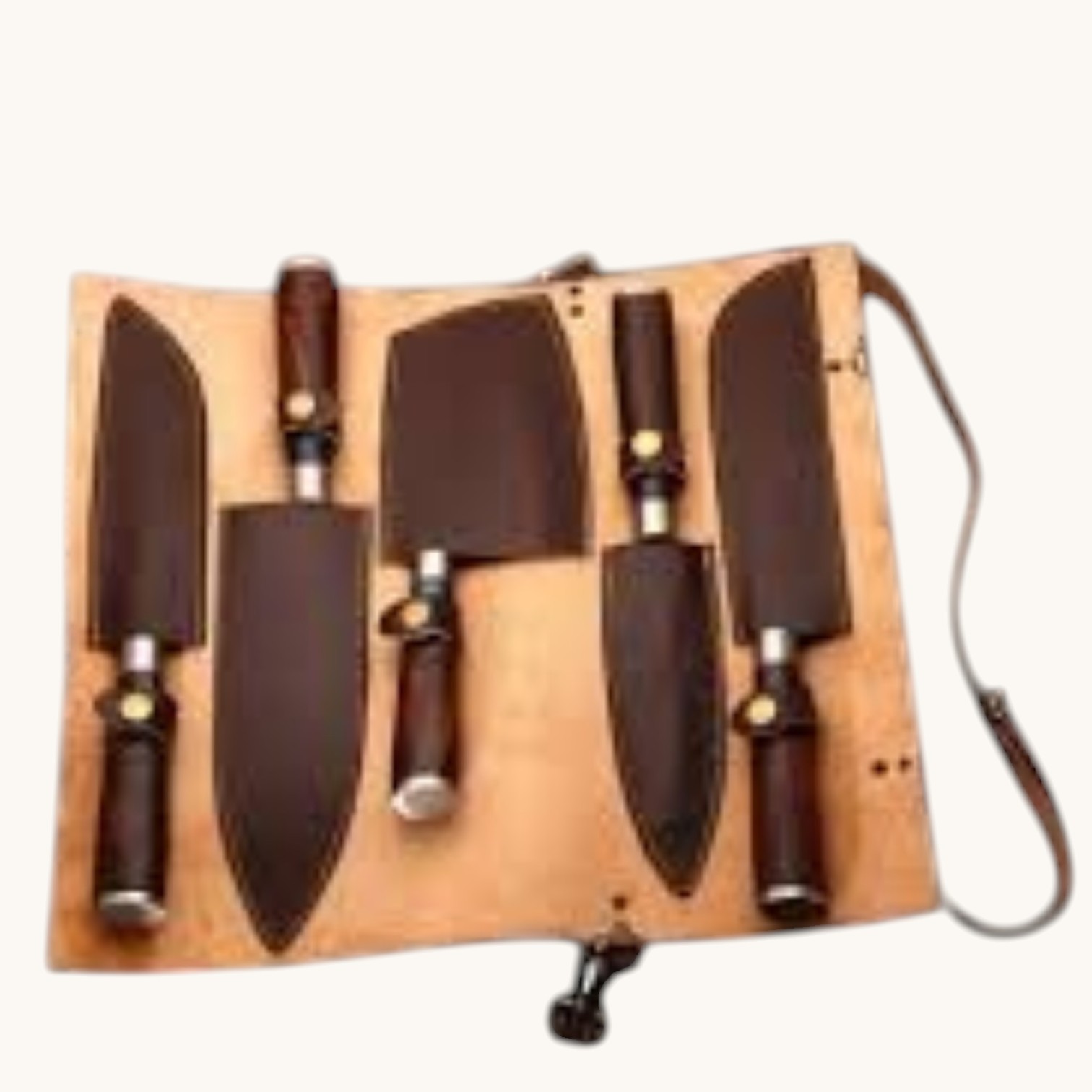 handmade leather knife roll bag brown 5pc set handmade leather knife roll bag brown 5pc set